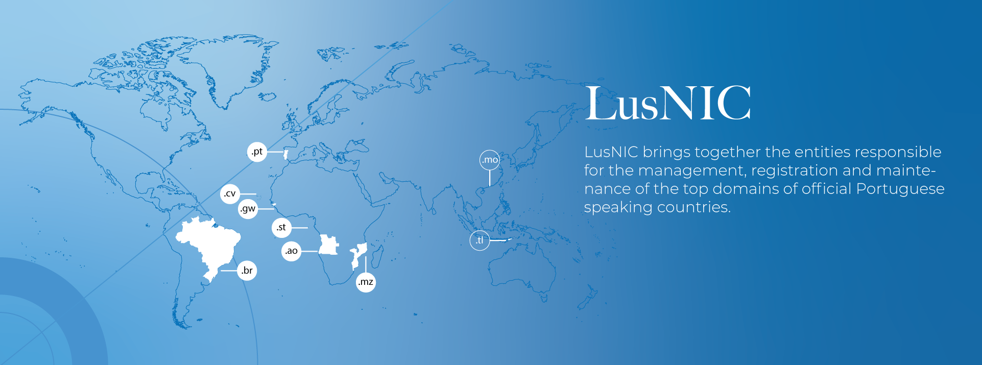 Mapa mundo com membros da LusNIC ativos e falantes de português em PT