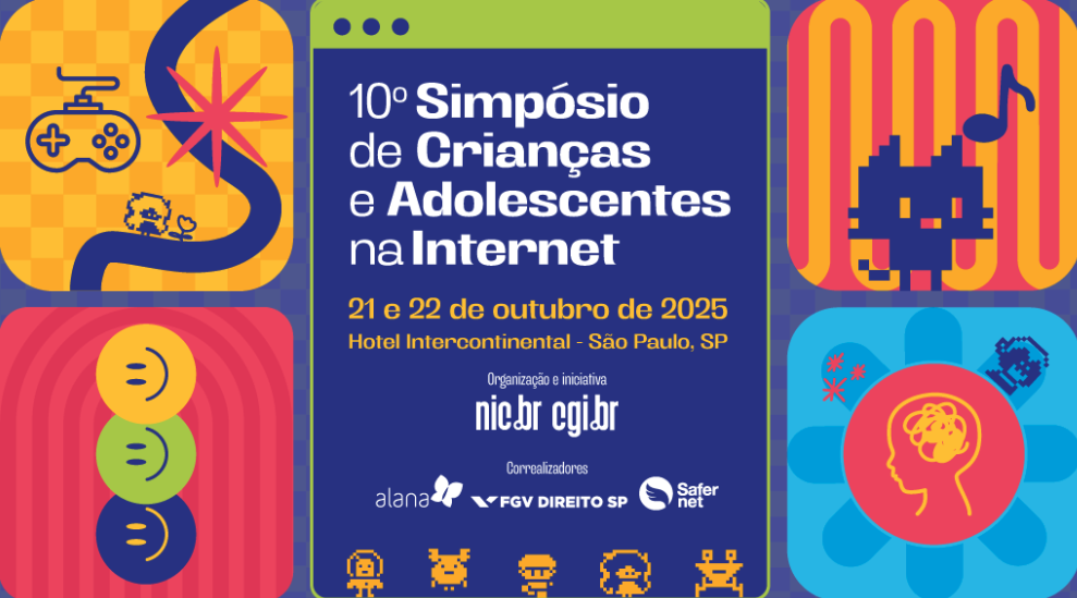 Imagem com texto: "10º Simpósio de crianças e adolescentes na internet, a 21 e 22 de outubro de 2025"